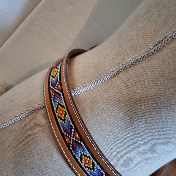 Hand Tooled Beaded Leather Belt with Brass Buckle M main image 8